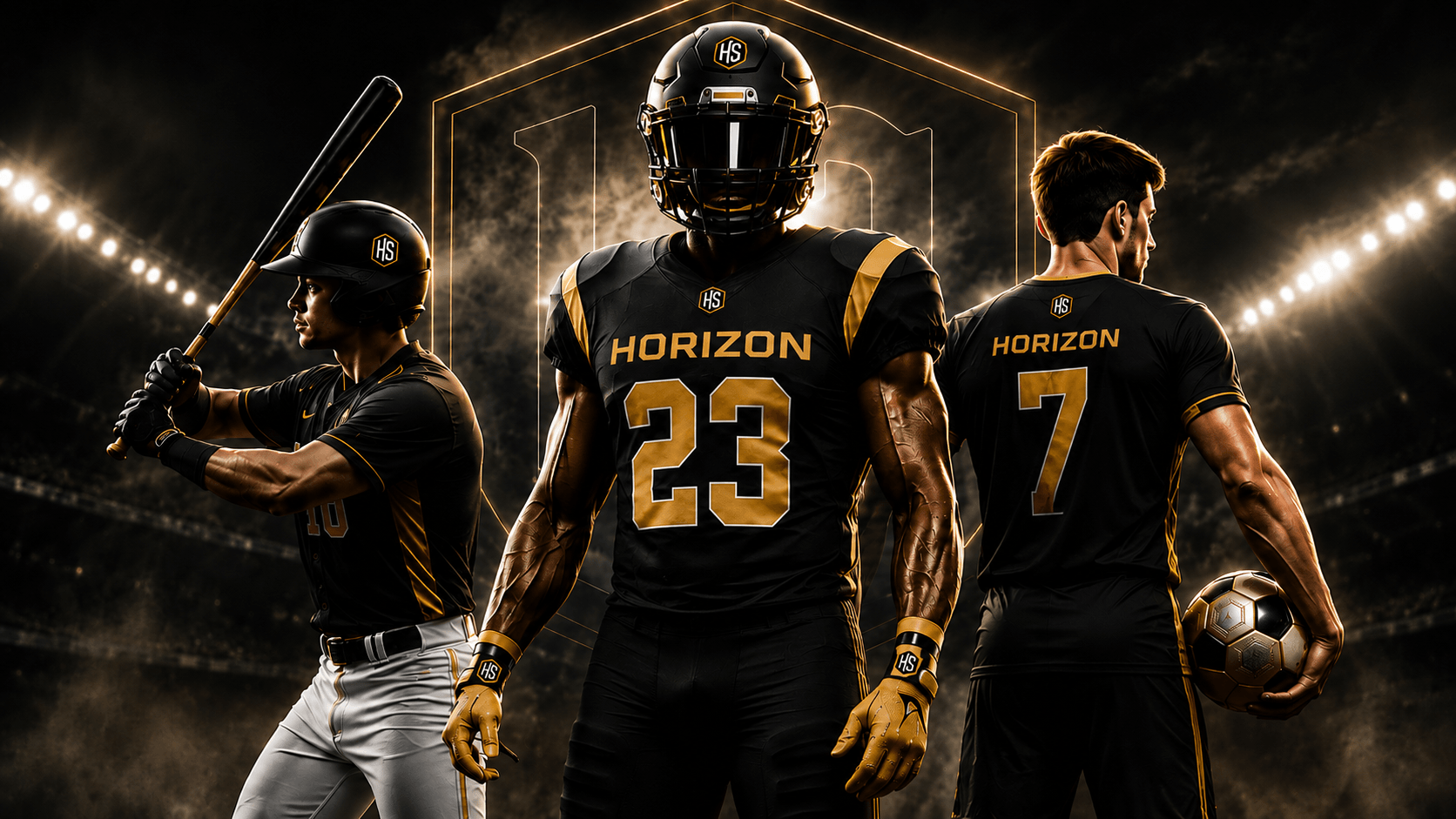 Horizon Sports athletes in black and gold custom uniforms