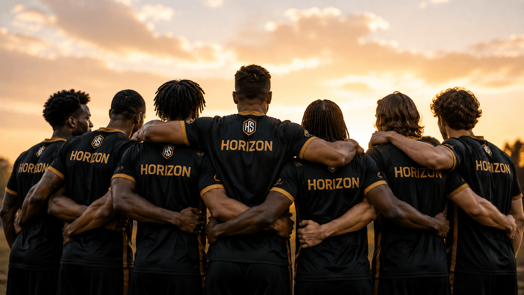 Horizon Sports athletes standing together at sunset
