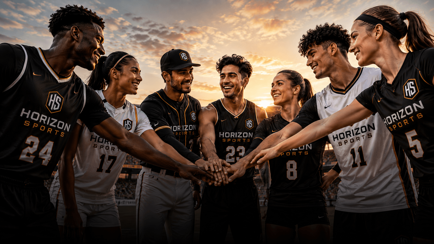 Horizon Sports athletes in black and gold custom uniforms